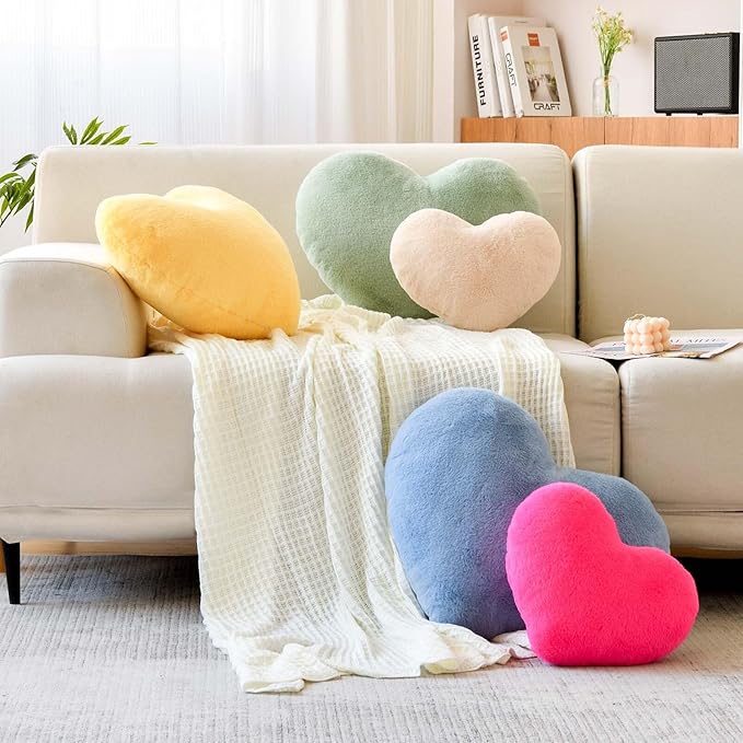 Sage Green Heart Pillows, Cute Heart Decorative Pillow, Heart Shaped Throw Pillows for Bed, Faux Rabbit Fur Plush Hoom Decor Pillow Cushion for Chair Sofa Living Room (Mini 12.9" x 9.8")