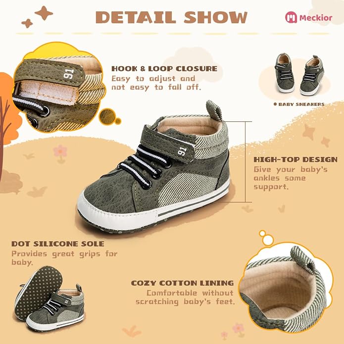 Meckior Toddler Baby Boys Girls High Tops Ankle Sneakers Soft Anti-Slip Sole PU - Image 5
