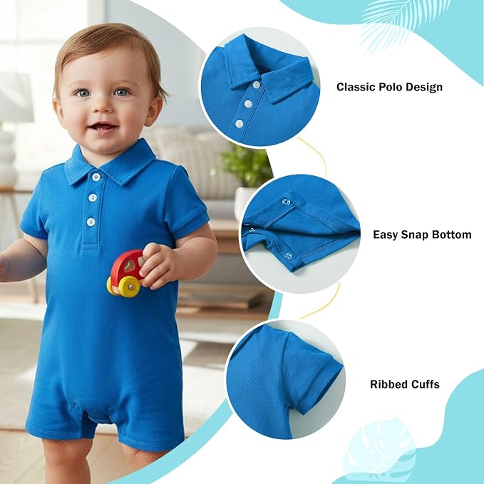 DEFAHN Baby Boy Polo Romper Short Sleeve Collared One-Piece Outfit 0-24M - Image 2