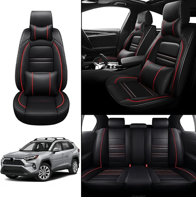 Car Seat Covers for Toyota Tacoma 2007-2025 | 5-Seats Seat Covers, Waterproof Seat Protectors, Automotive Seat Covers (Full Set with Pillow,Black&Red Line)