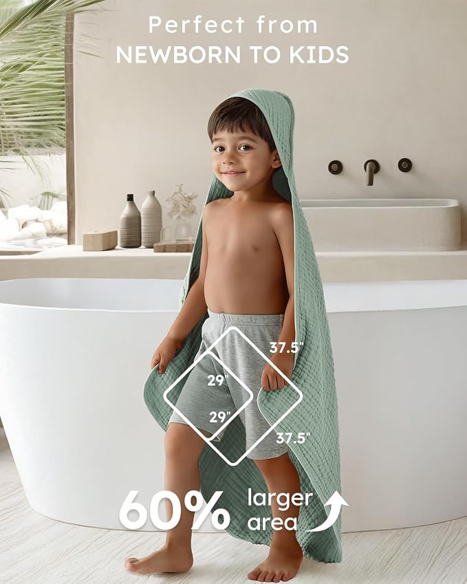 Yoofoss Hooded Baby Bath Towels 2 Pack 100% Muslin Organic Cotton - Image 3