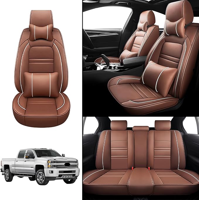 Car Seat Covers for Chevy Silverado 2007-2025 | 5-Seats Seat Covers, Waterproof Seat Protectors, Automotive Seat Covers (Full Set with Pillow,Coffee)