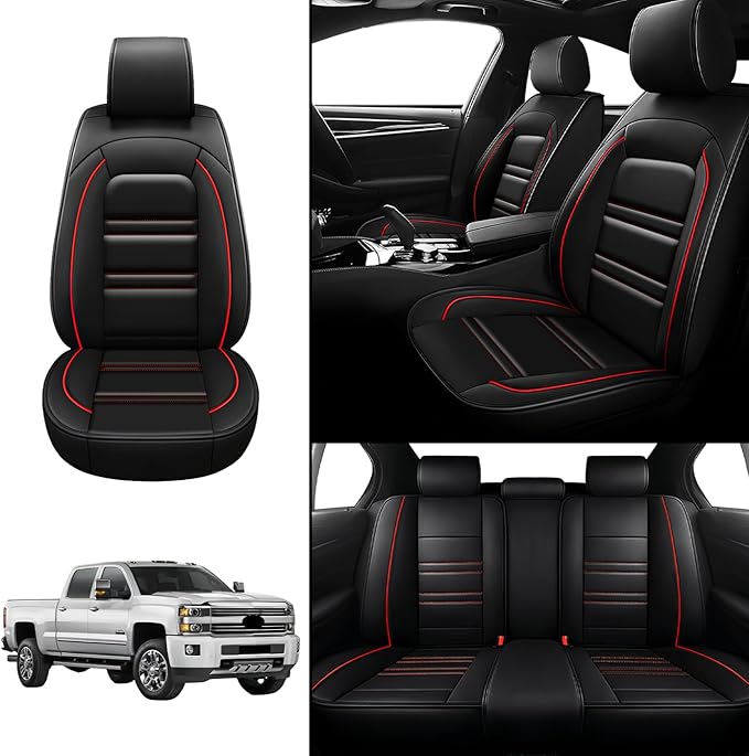 Seat Covers for Chevy Silverado 2007-2025 | 5-Seats Leather Seat Covers, Easy to Install Automotive Seat Covers Full Set (Full Set, Black&Red Line)