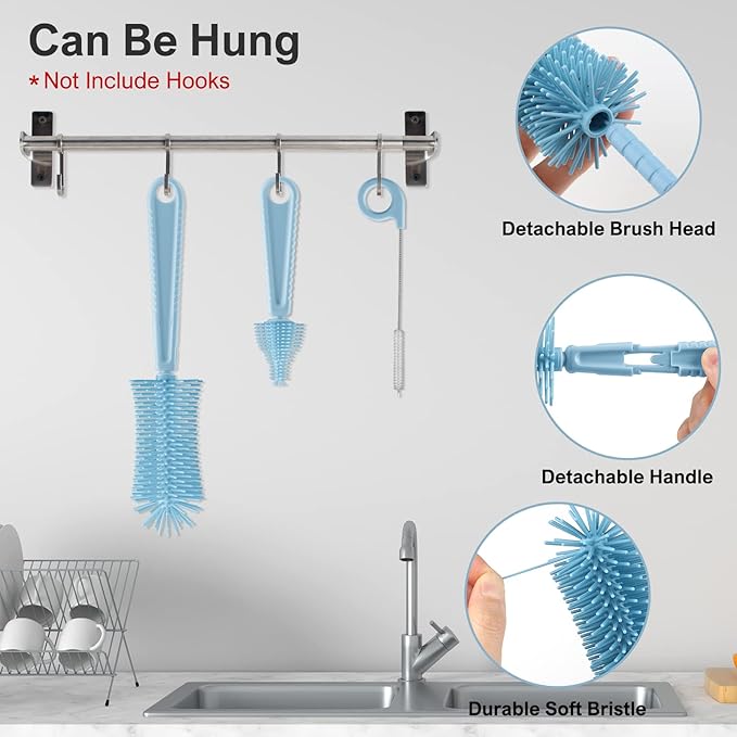 Bottle Brush Set -Baby Travel Essential-6 in 1 Bottle Cleaner Kit with Silicone Bottle Brush,Nipple Cleaner Brush,Straw Brush,Soap Dispenser,Storage Box,Bottle Drying Rack for Home and Travel(Blue)