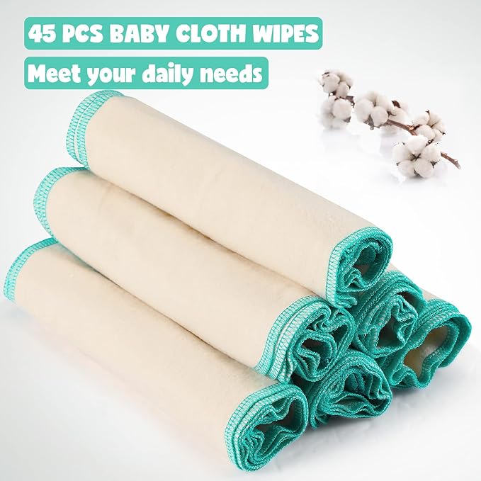 meekoo 45 Pcs Unbleached Flannel Cloth Baby Wipes Reusable Baby Diapers Wipes 8 x 8 Inch Soft and Sturdy Washable Natural Cloth Tissues Outer Stitching(Blue)