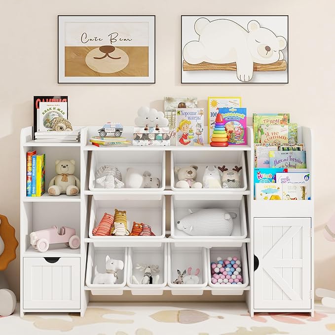 Vabches 55" Large Kids Toy Organizer with 8 Toy Storage Tubs, Storage Boxes and Storage Racks, Tiered Bookshelf and 7 Storage Cubbies, Kids Bookshelf, Playroom Storage and Storage Boxes(White)