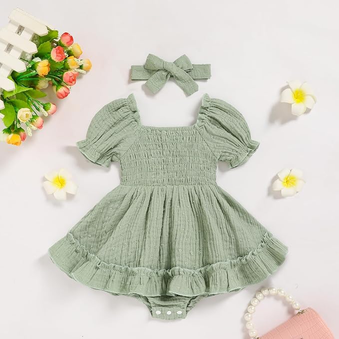 GRNSHTS Baby Girl Romper Dress, Puff Sleeve Smocked Outfit - Image 2