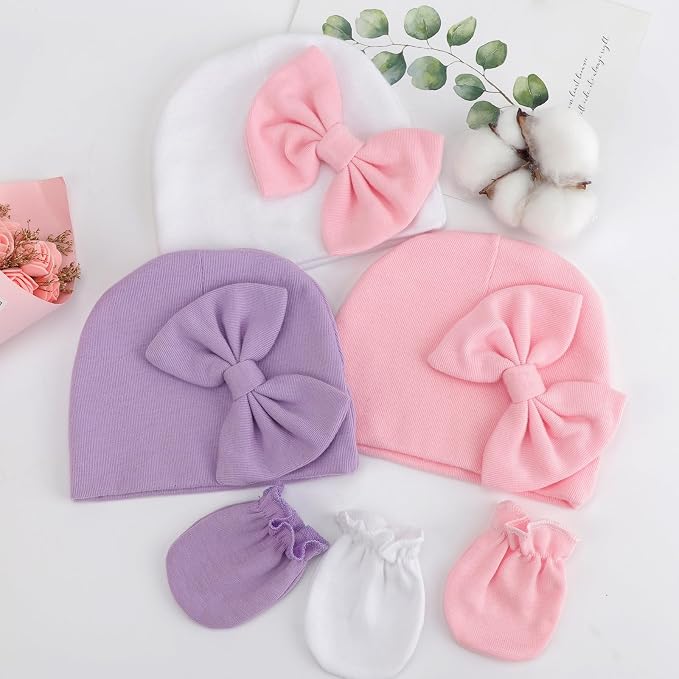 Newborn Baby Hats and Mittens Set Infant Bow Beanie Cap Toddler Gloves Newborn - Image 7