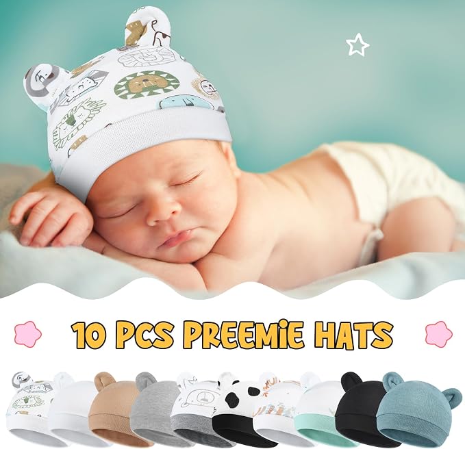 10 Pcs Preemie Hats Cotton Preemie Caps Bows Turban Premature Baby Boys Girls - Image 3