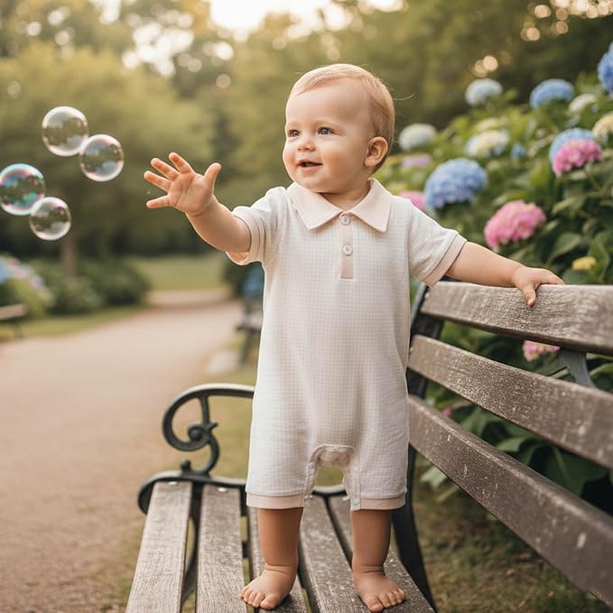 FOCUSNORM Newborn Baby Boy Summer Clothes Short Sleeve Lapel Jumpsuit Collar - Image 3