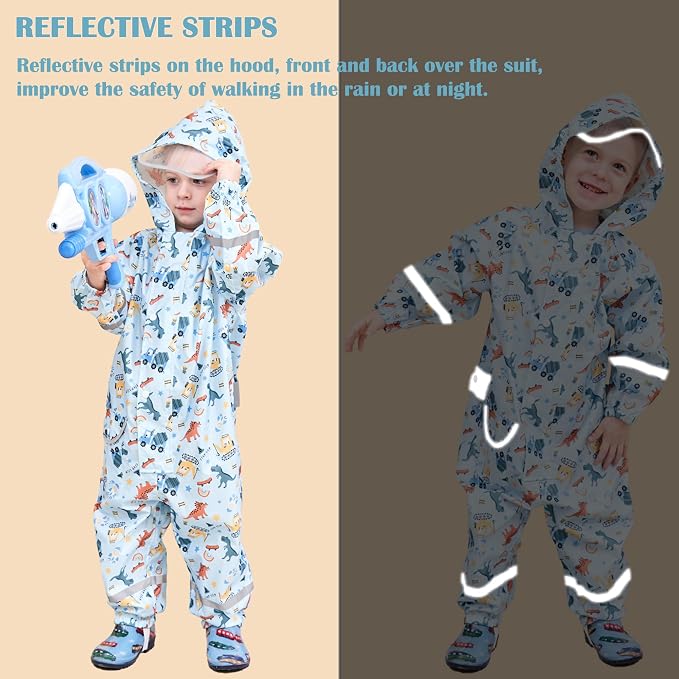 Fewlby Kids Toddler Rain Suit for Boys Girls One Piece Hoodie Zipper Cartoon - Image 4