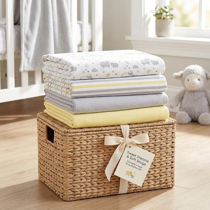 EVERYDAY KIDS 4 Pack of Soft Flannel Receiving Baby Blanket Set; Yellow/Gray - Image 4