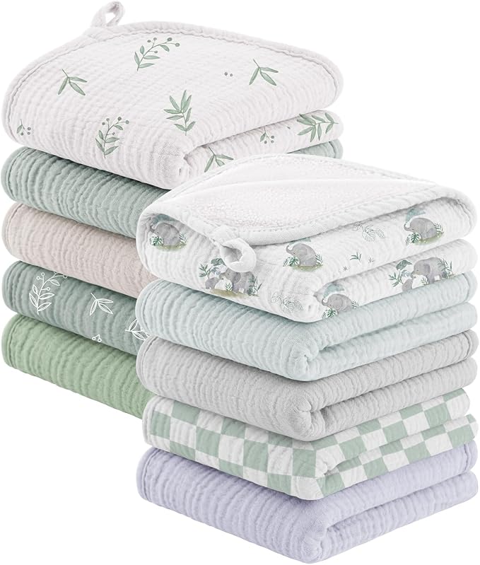 Bearmoss 10 Pack Muslin Burp Cloths, Newborn Essentials Large Extra Washcloths by Bearmoss