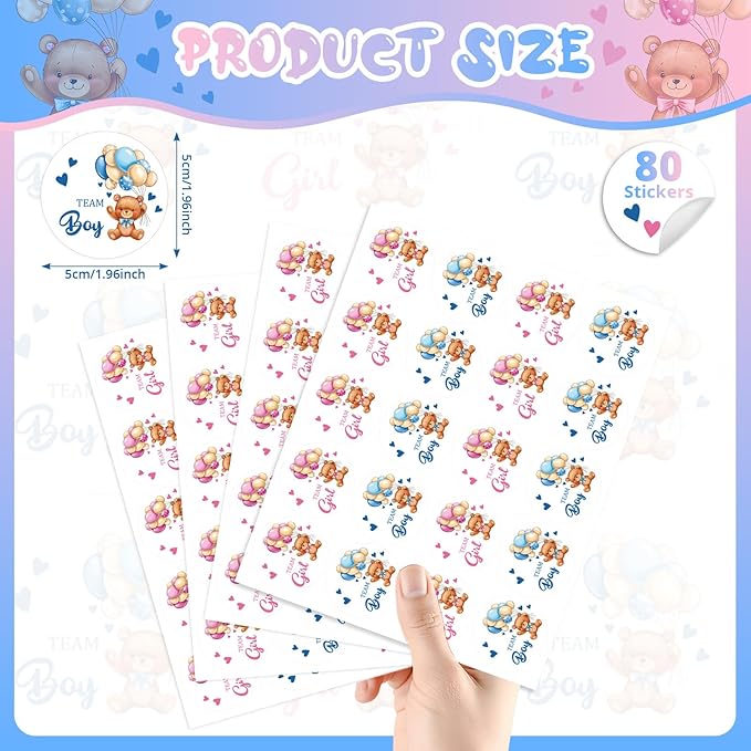 80Pcs Cute Bear Gender Reveal Stickers Roll, 2 Inch Team Boy Team Girl Gender Reveal Labels, Pink and Blue Self-Adhesive Decorative Round Stickers for Baby Shower Party Supplies