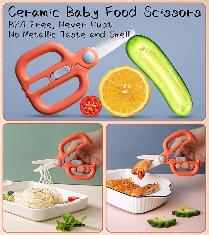 Baby Food Scissors with Travel Case, Ceramic Food Scissors Kids, Toddler Scissor with Safety Lock, Ideal for Pizza, Meats, Noodles, Vegetables, and Fruits (B)