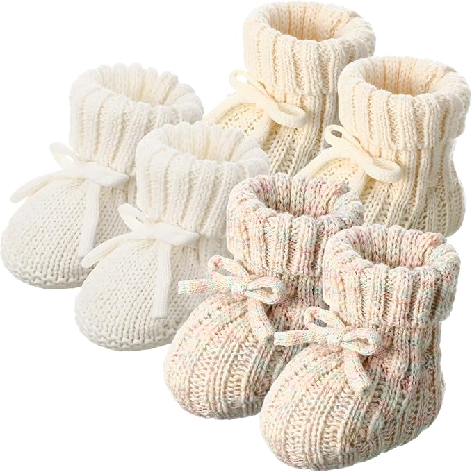 Evervibe 3 Pair Knitted Baby Booties | 100% Cotton, 0-6 Months Newborn by Evervibe