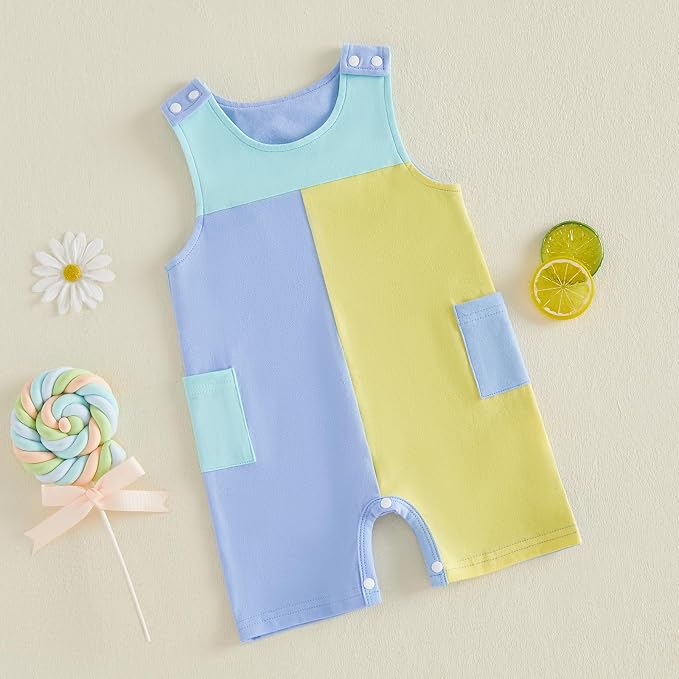Newborn Baby Boy Summer Clothes Sleeveless Color Block Romper Bodysuit One - Image 6