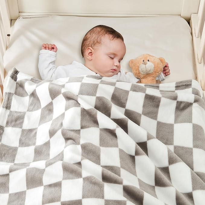 Yurhap Checkered Baby Blanket Fleece Baby Blankets Neutral - Image 3