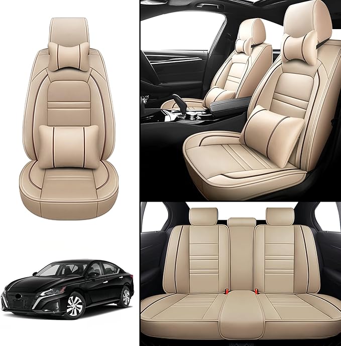 Car Seat Covers for Nissan Car Altima 1998-2025 | 5-Seats Seat Covers, Waterproof Seat Protectors, Automotive Seat Covers (Full Set with Pillow,Beige)