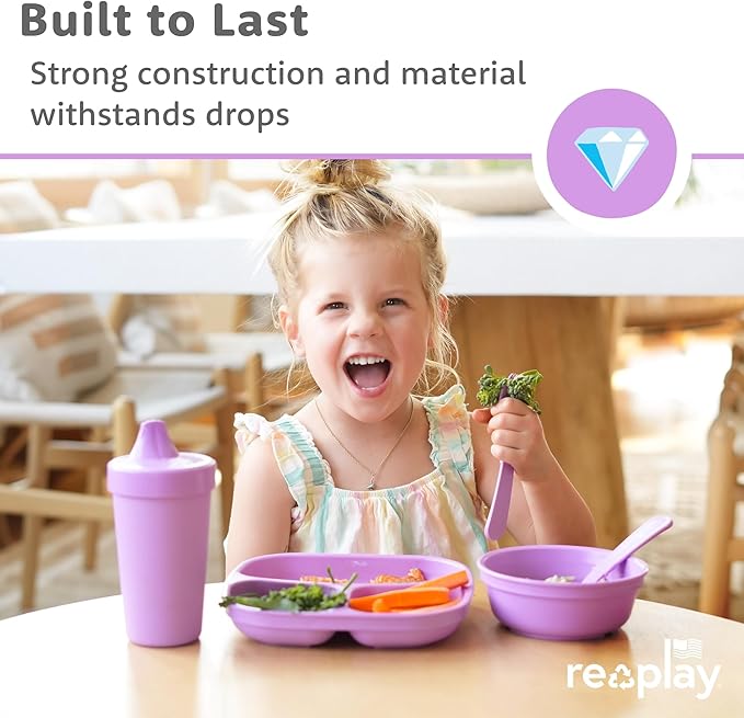 Re-Play Toddler Plates with Dividers - Deep-Walled 3 Compartments Divided Plates for Kids - Dishwasher & Microwave Safe - Made in USA - Set of 3-7.37" x 7.37" x 1.25" - Desert Roses