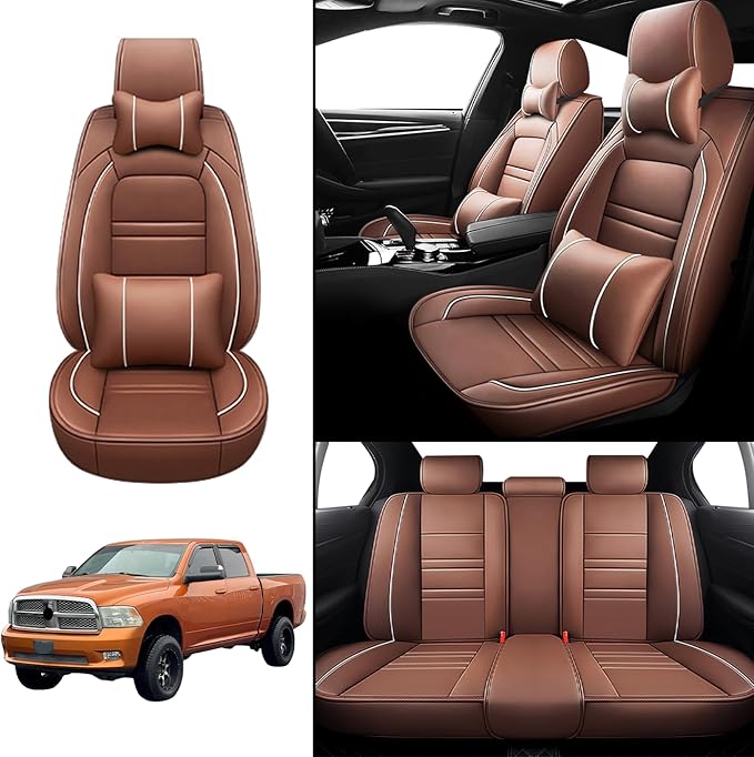 Car Seat Covers for Dodge ram 2004-2011 | 5-Seats Seat Covers, Waterproof Seat Protectors, Automotive Seat Covers (Full Set with Pillow,Coffee)