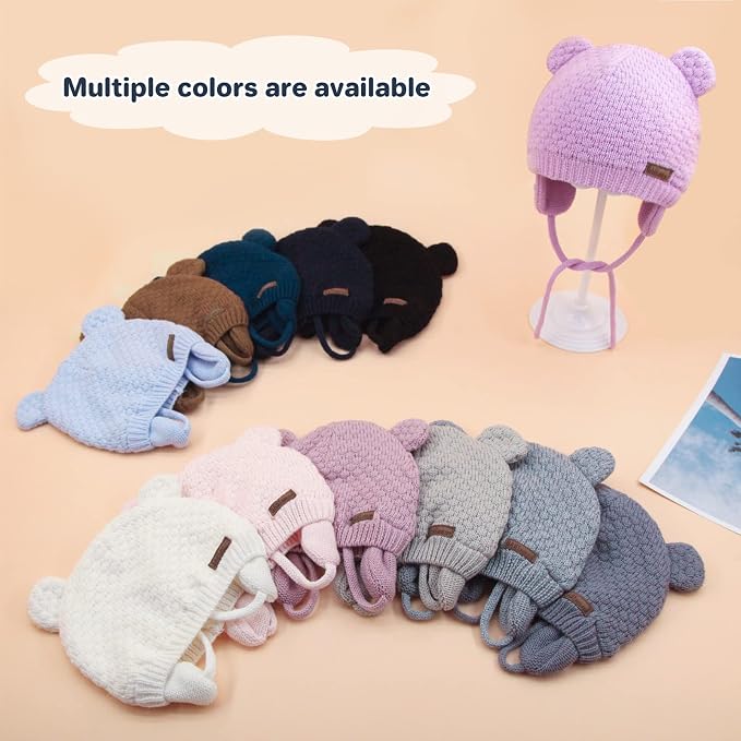 Duoyeree Baby Winter Hat, Bear Knit Earflaps Cotton Lined - Image 6