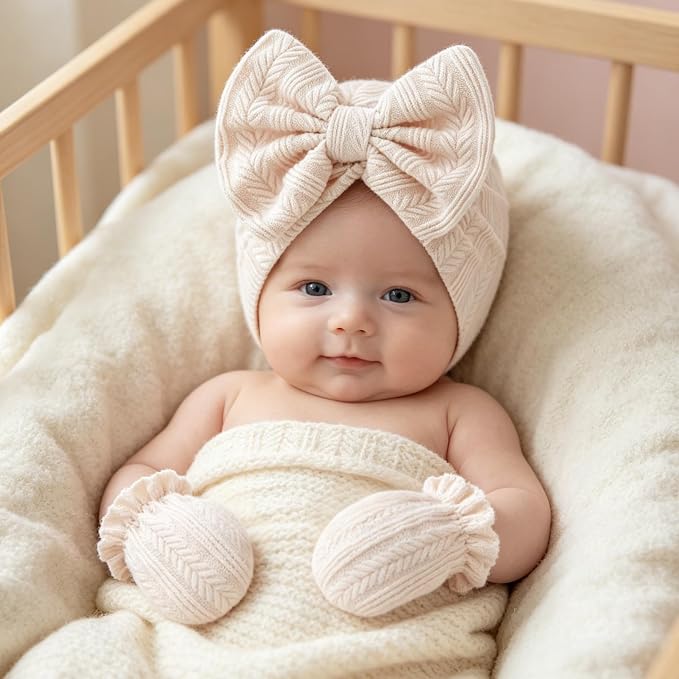 4 Pcs Newborn Hats Mittens Set Infant Cap Bow Hospital Beanie Preemie Hat - Image 7