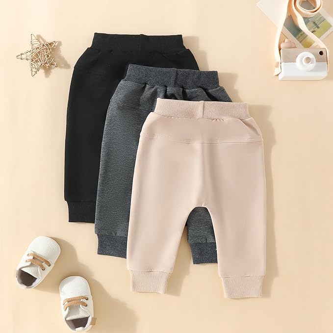 Sejardin Toddler Baby Boy Girl Pants 3 Pack Solid Color Elastic Waist Jogger Sweatpants Newborn Infant Casual Bottoms