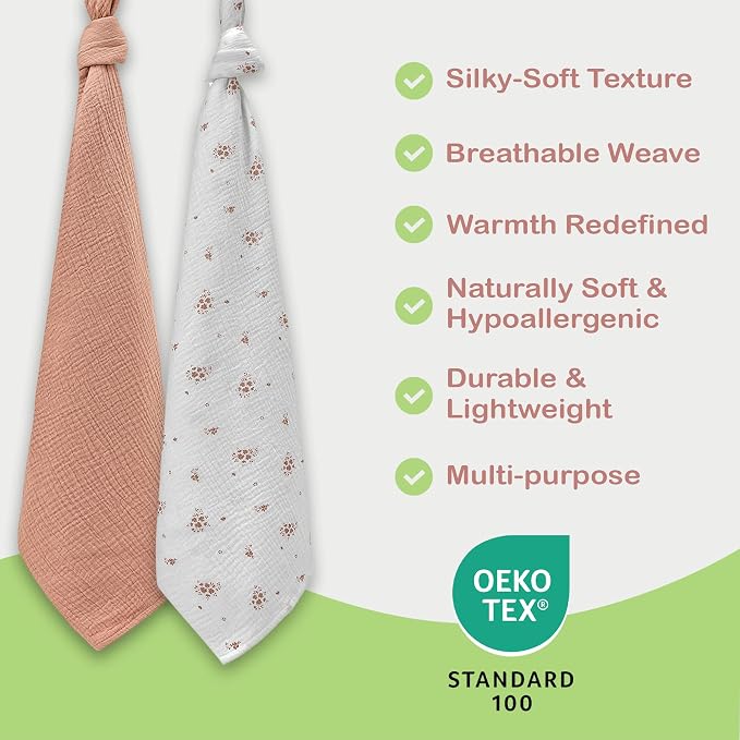 100% Organic Cotton 2 PK Muslin Swaddle Blanket Boy Gift 47x47 in | Oeko-TEX - Image 4