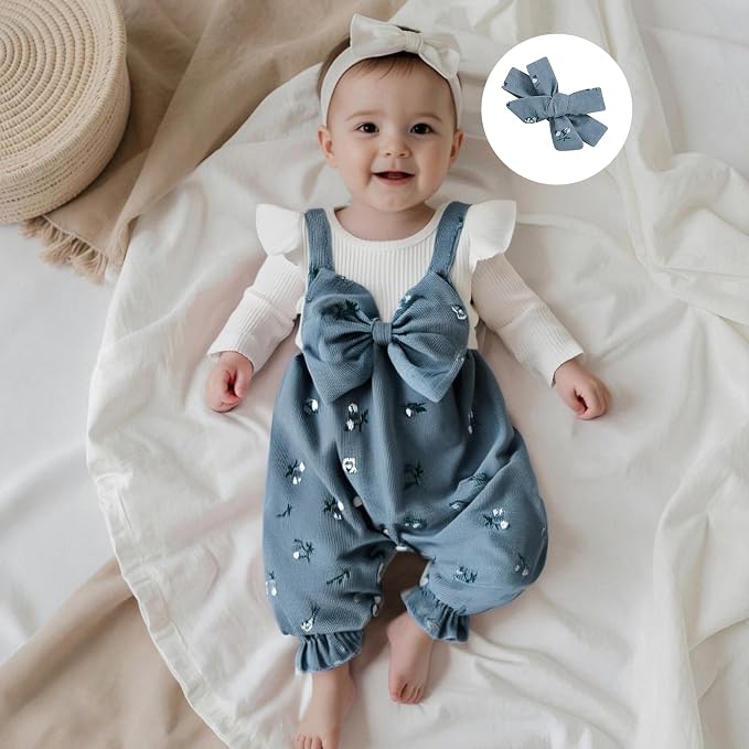 Newborn Baby Girl Clothes Ruffle Sleeve Jumpsuit Corduroy Floral - Image 3