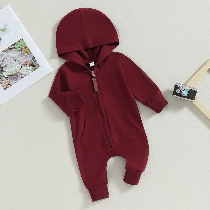 Infant Baby Boy Girl Clothes Solid Hoodie Romper Zip Up Long Sleeve Hooded - Image 2
