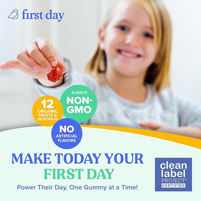 FIRST DAY Kids Multivitamin Gummies Age 4+, Strawberry & Orange - Kids Vitamins Multivitamin Gummy A C D3 K2 B1 B2 B6 B12 Folate, Immunity & Brain Function, Vegan - 60 Day Supply, Packaging May Vary