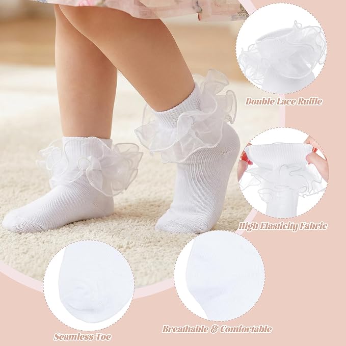 Topbuti 4 Pairs Baby Girls Ruffle Socks Double Lace Frilly Turn Cuff Cotton - Image 5