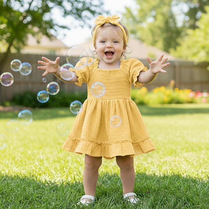 GRNSHTS Baby Girl Romper Dress, Puff Sleeve Smocked Outfit - Image 3