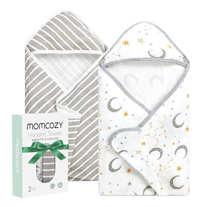 Momcozy Baby Hooded Towel, 2 Pack Cotton Bath Towel for Boy or Girl, Super Soft Baby Towel with Original Design, Shower Gifts for Newborn (28 X 28 Inch, Starry Sky)