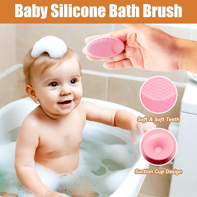 Wooden Baby Hair Brush and Comb Set, 2Pcs Natural Soft Goat Bristles Brush with Baby Shower Scrubber Perfect Scalp Grooming Product for Newborn, Toddler, Infant (Pink)