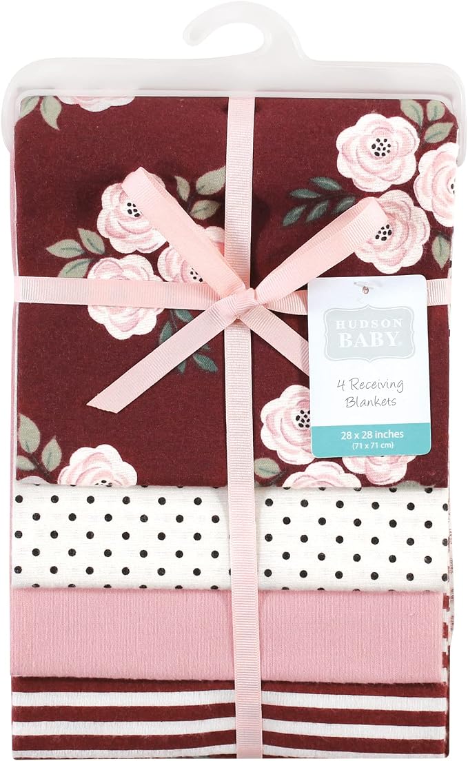 Hudson Baby Unisex Baby Cotton Flannel Receiving Blankets, Burgundy Floral - Image 2