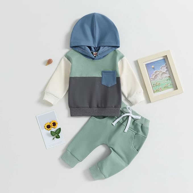 Thorn Tree Infant Baby Boys Pants Set Hooded Solid Sweatshirt Top Pocket - Image 2