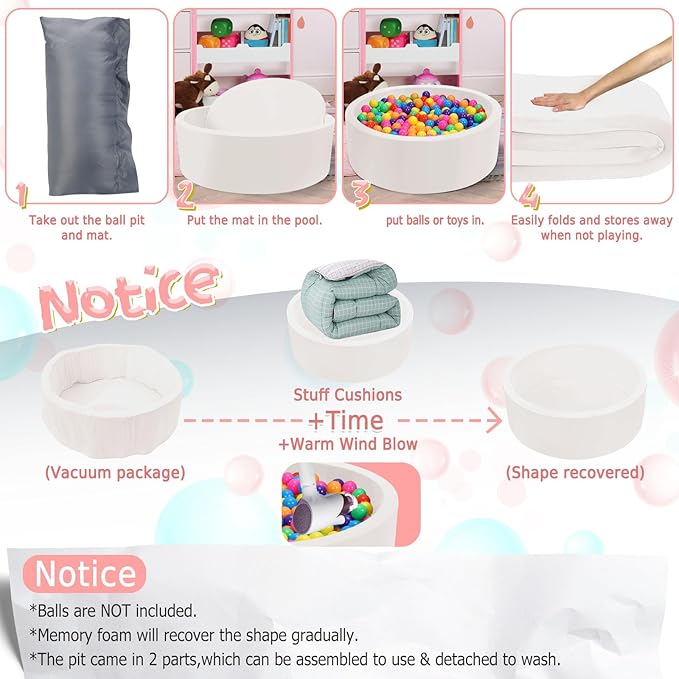 Foam Baby Ball Pit, 35.4"x 11.8" Ball Pits for Toddlers, Soft Round Kiddie Playpen Ball Pool for Kids with Soft Memory Sponge, Gift for Babies Indoor and Outdoor Game,Milk silk fabric‌ white(No Balls)