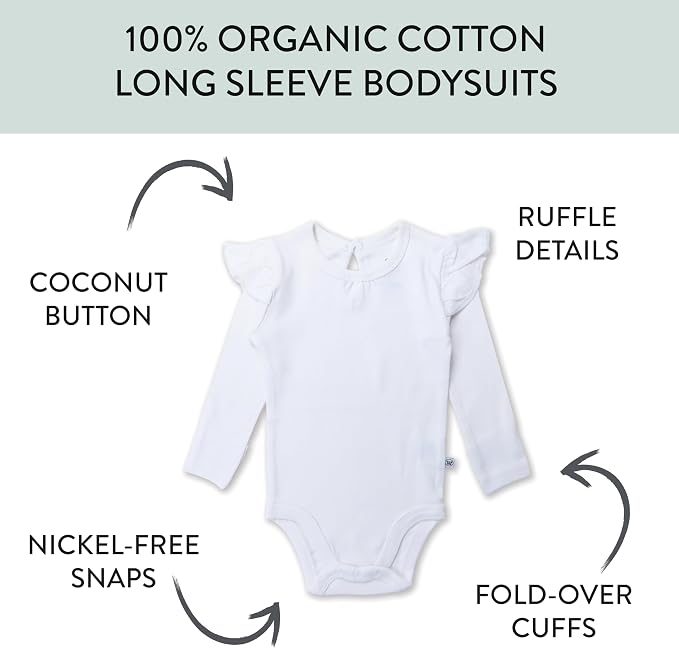 HonestBaby Baby Girls' 5-pack Long Sleeve Ruffle Shoulder Bodysuits 100% - Image 2