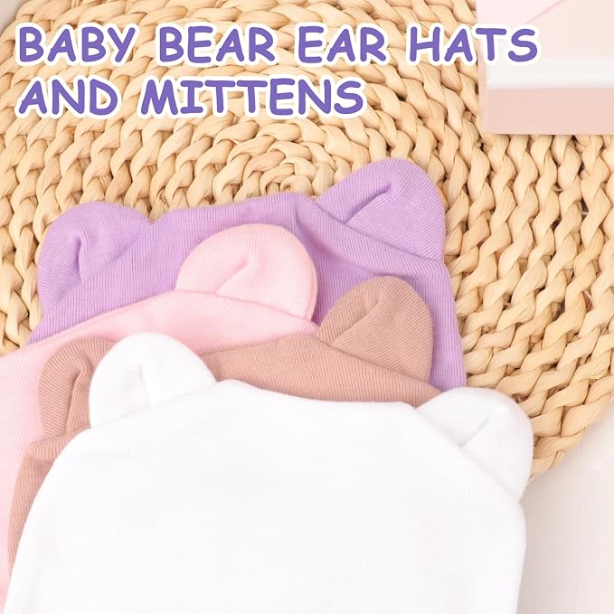 BQUBO Newborn Baby Bear Ears Hats and Mittens Sets Preemie Cotton Caps Baby Boy - Image 6