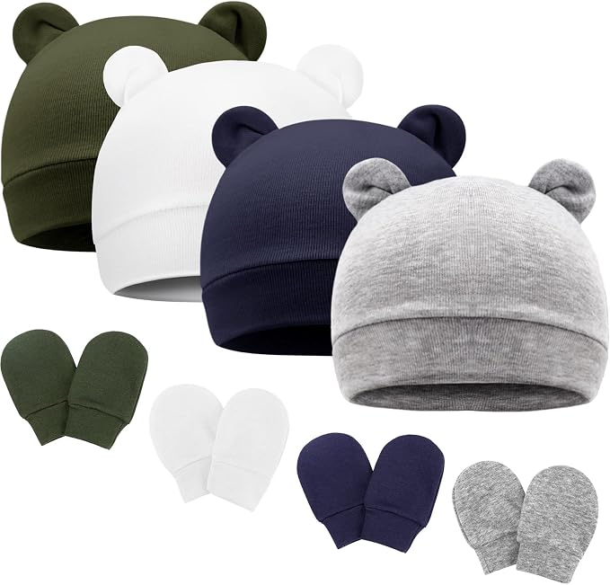 Newborn Baby Hat and Mittens Set Bear Ears Toddler Infant Beanie Caps Newborn by AQOKKA