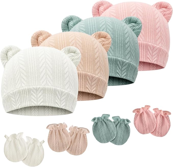 Newborn Baby Hat and Mittens Set Bear Ears Toddler Infant Beanie Caps Newborn by AQOKKA