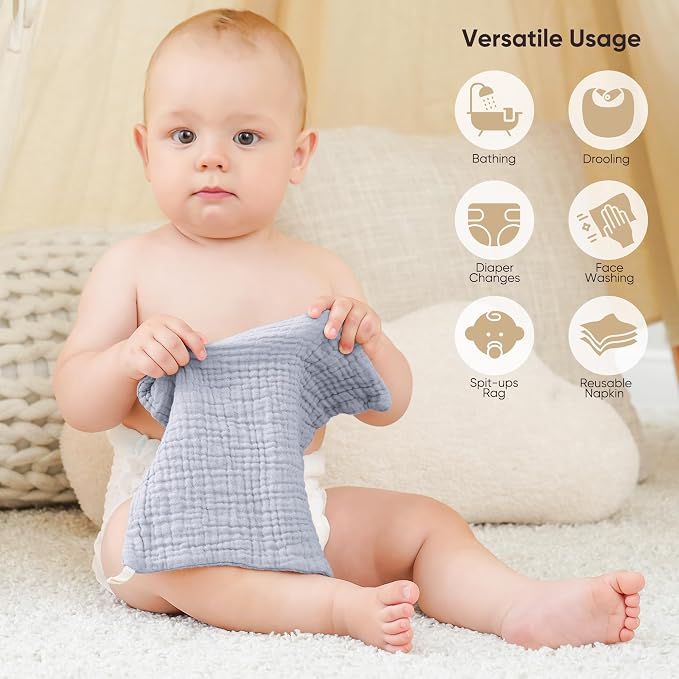 Bearmoss 12 Pack Baby Muslin Washcloths, 100% Cotton 10"x10" Face Towels - Image 4