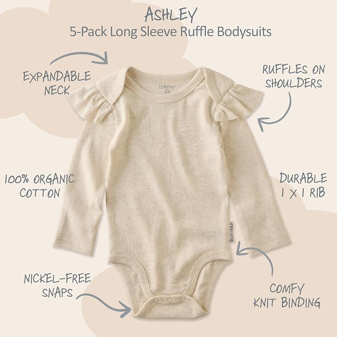 Butterblu Ashley 5-Pack Long Sleeve Ruffle Shoulder Bodysuits 100% Cotton | - Image 2
