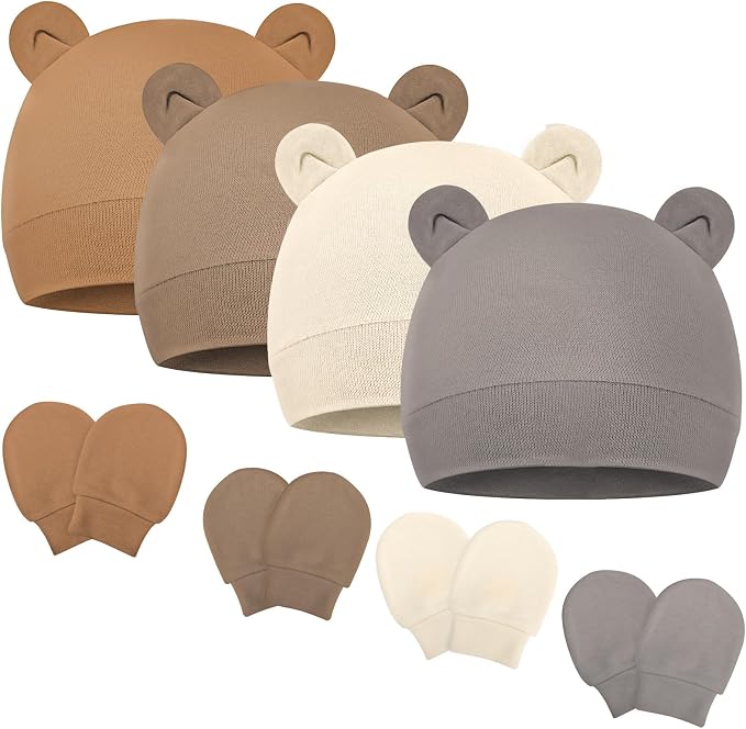 Newborn Baby Hats and Mittens Set Bear Ear Baby Beanie No Scratch Cotton Infant by Unknown