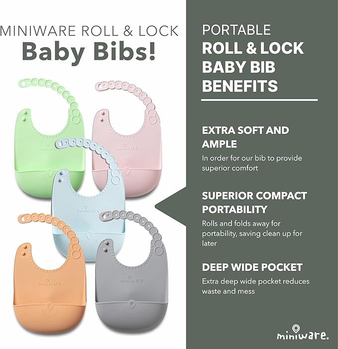 Miniware Sensory Starter Set with Sensory Baby Bowl, Baby Spoon, Roll & Lock Bib - Easy to Clean Baby Feeding Set to Promote Self-Feeding- Toddler Feeding Essentials - Raspberry