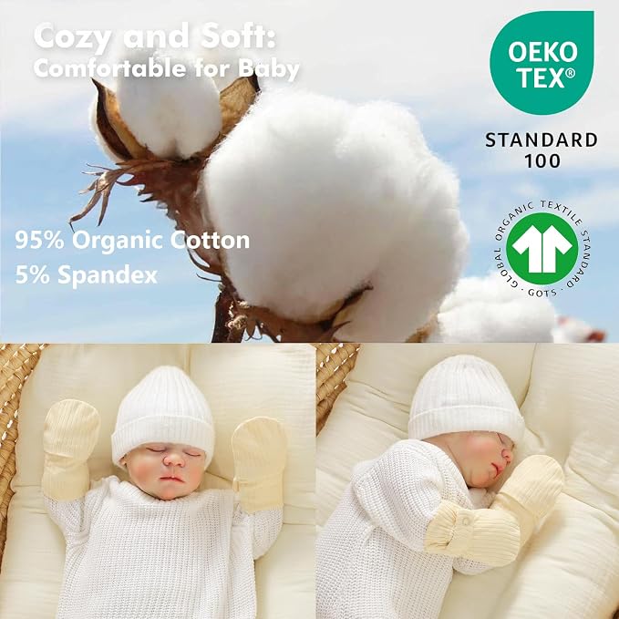 Baby Newborn No Scratch Mittens Stay On Cotton Gloves 0-12 Months | Organic - Image 5