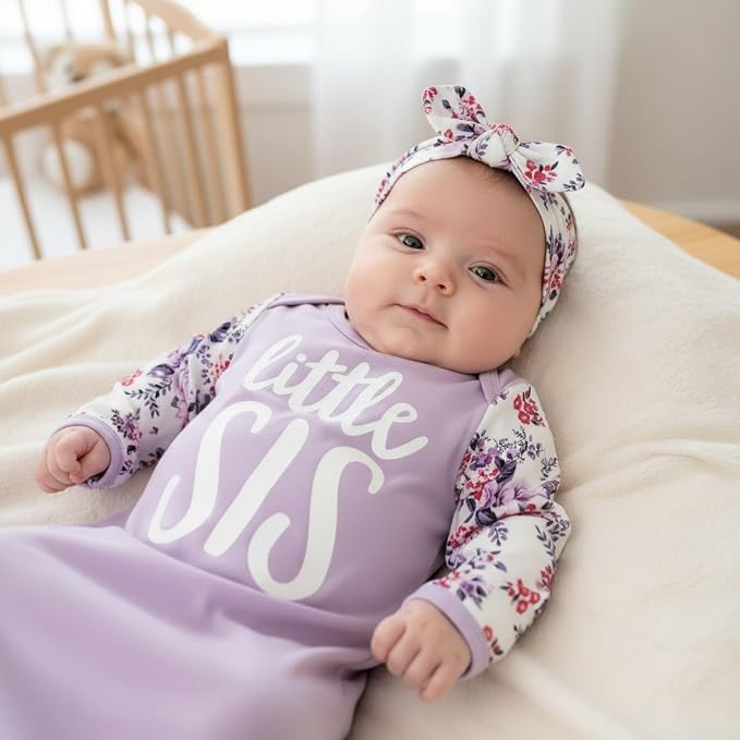 AMAWMW Newborn Baby Girl Little Sister Sleeper Gown Stripe Long Sleeve - Image 2