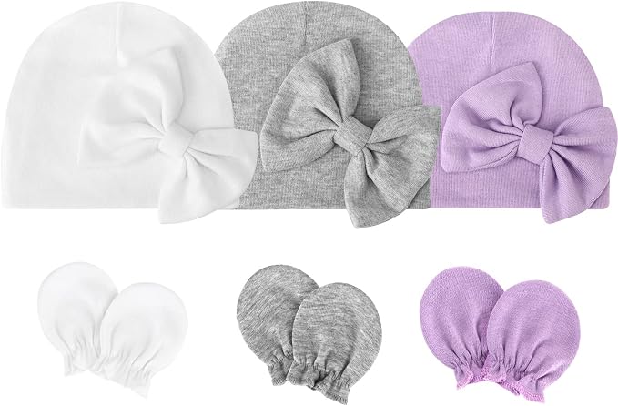 BQUBO Newborn Girls Hats Baby Hat and Mittens Set Infant Caps Bow Hospital - Image 6